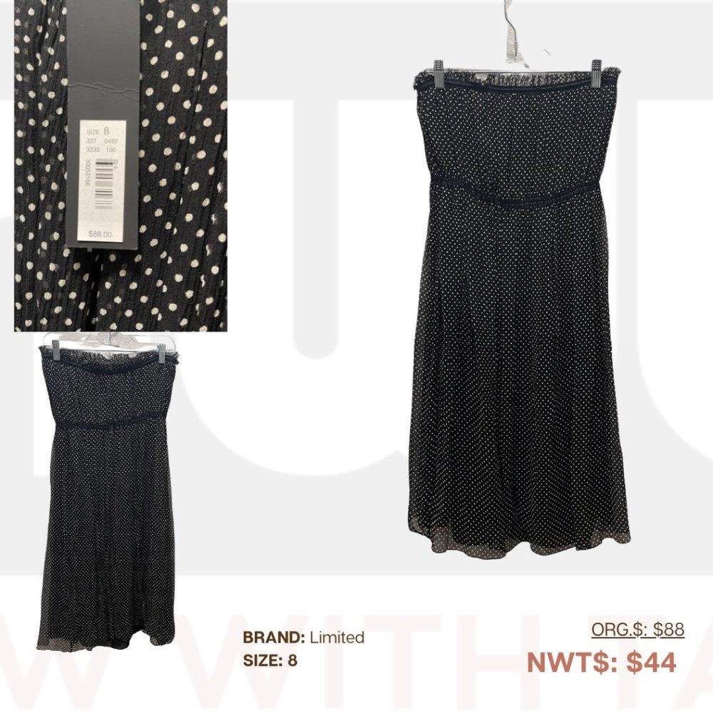 The Limited, Silk Strapless Black Polka-Dot Dress, 8, NWT